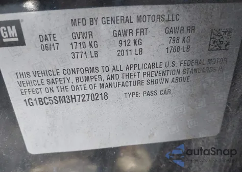 2017 Chevrolet Cruze Ls Auto from USA, damaged, VIN 1G1BC5SM3H7270218